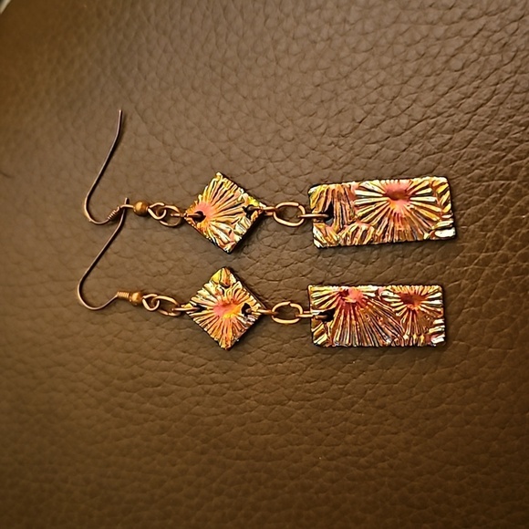 VTG Artisan Copper Dichroic Glass Cubism Dangle Hook Earrings - Picture 2 of 6